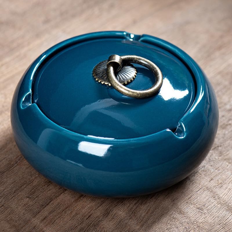 AZOFIA Handmade Ceramic Ashtray with Lids, Exquisite Pattern Ash Holder for Patio Desktop Office Smokers, Ash Tray for Indoor Tabletop Home Office Decor (Dark Blue, M-Size) - Image 1